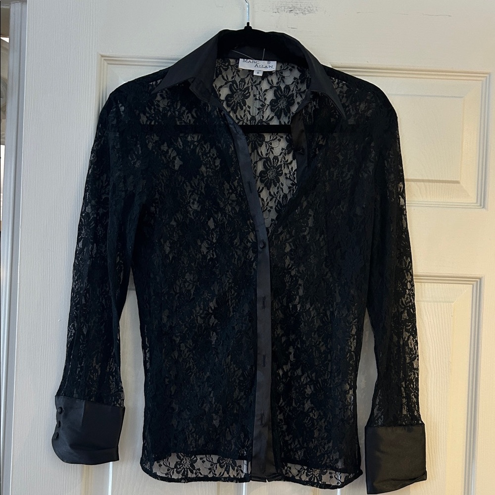 Black Lace Button-Down Shirt with Satin Trim